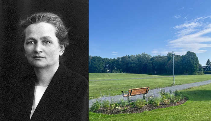 Foto: Porträtt av Agda Östlund, Arbetarrörelsens arkiv. Bild på Agda Östlunds park, Köpings kommun.