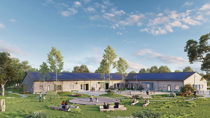 Illustration av Ängens förskola: låg träbyggnad med solpaneler och en grön gård där barn leker.
