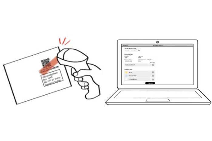 En scanner som läser av en QR kod på ett kuvert