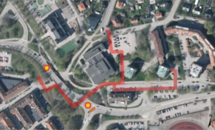 Karta med markerad schaktsträcka, med två markerade arbets-/avstängningspunkter.