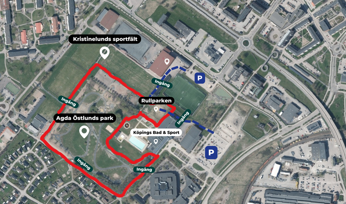 Karta över Agda Östlunds park med parkering (P), ingångar och gångväg till rullparken.