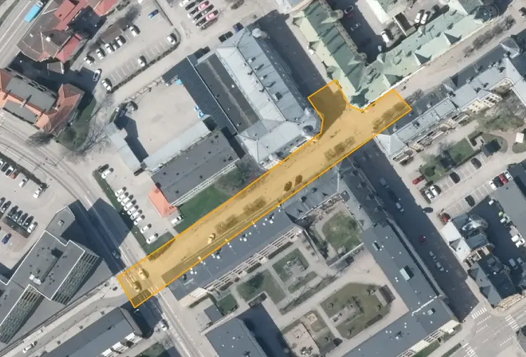 Karta över Stora Gatan där den aktuella arbetssträckan mellan Sveavägen och Västra Långgatan är markerad.